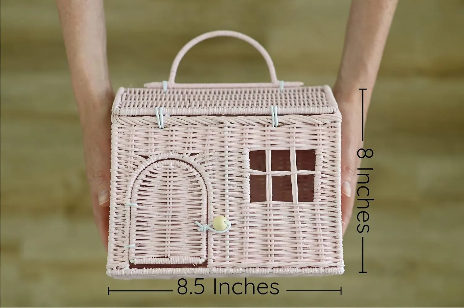 Rool Rattan House Shaped Basket Wicker Small Dollhouse Gift for Girls, Boho Toys, Mouse in a Box House, Little Girl Purse Clutch, Doll Carrier (Pink)