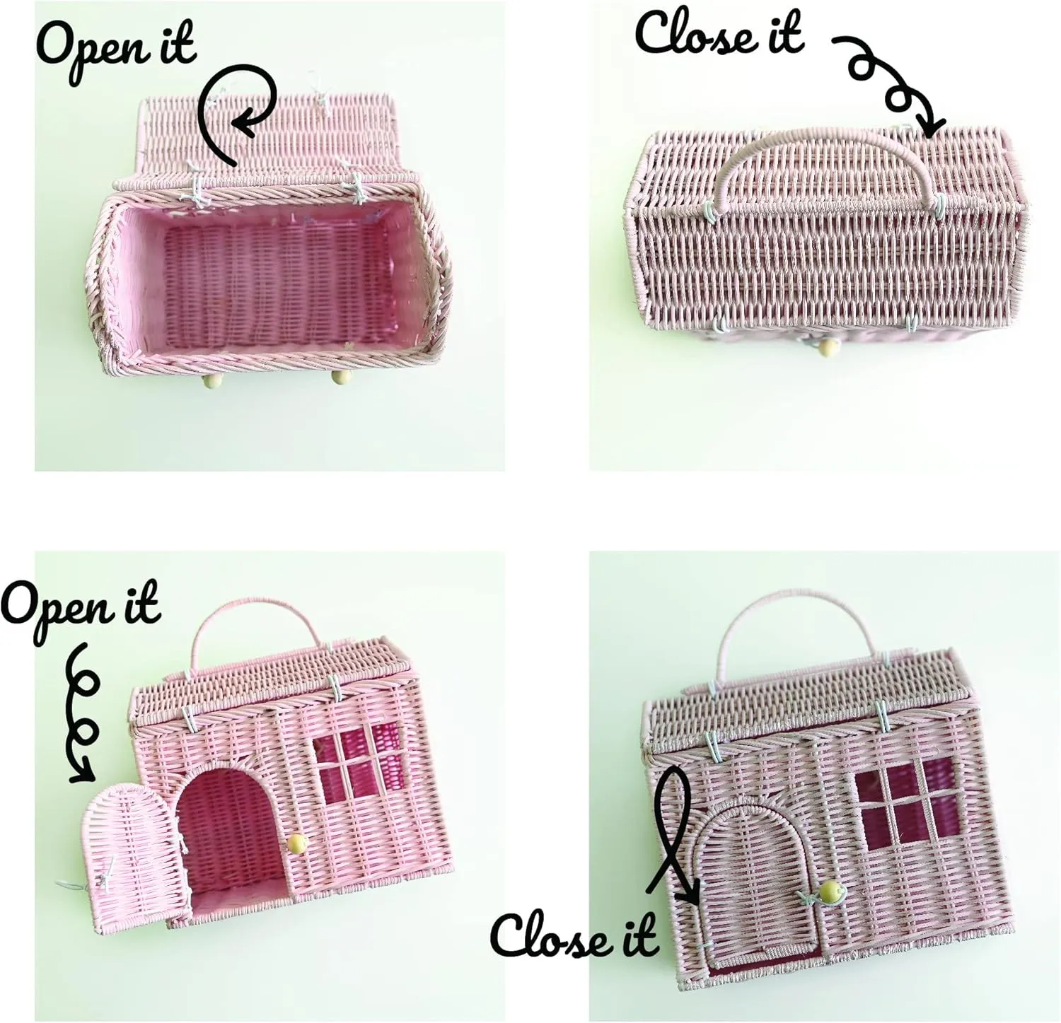 Rool Rattan House Shaped Basket Wicker Small Dollhouse Gift for Girls, Boho Toys, Mouse in a Box House, Little Girl Purse Clutch, Doll Carrier (Pink)