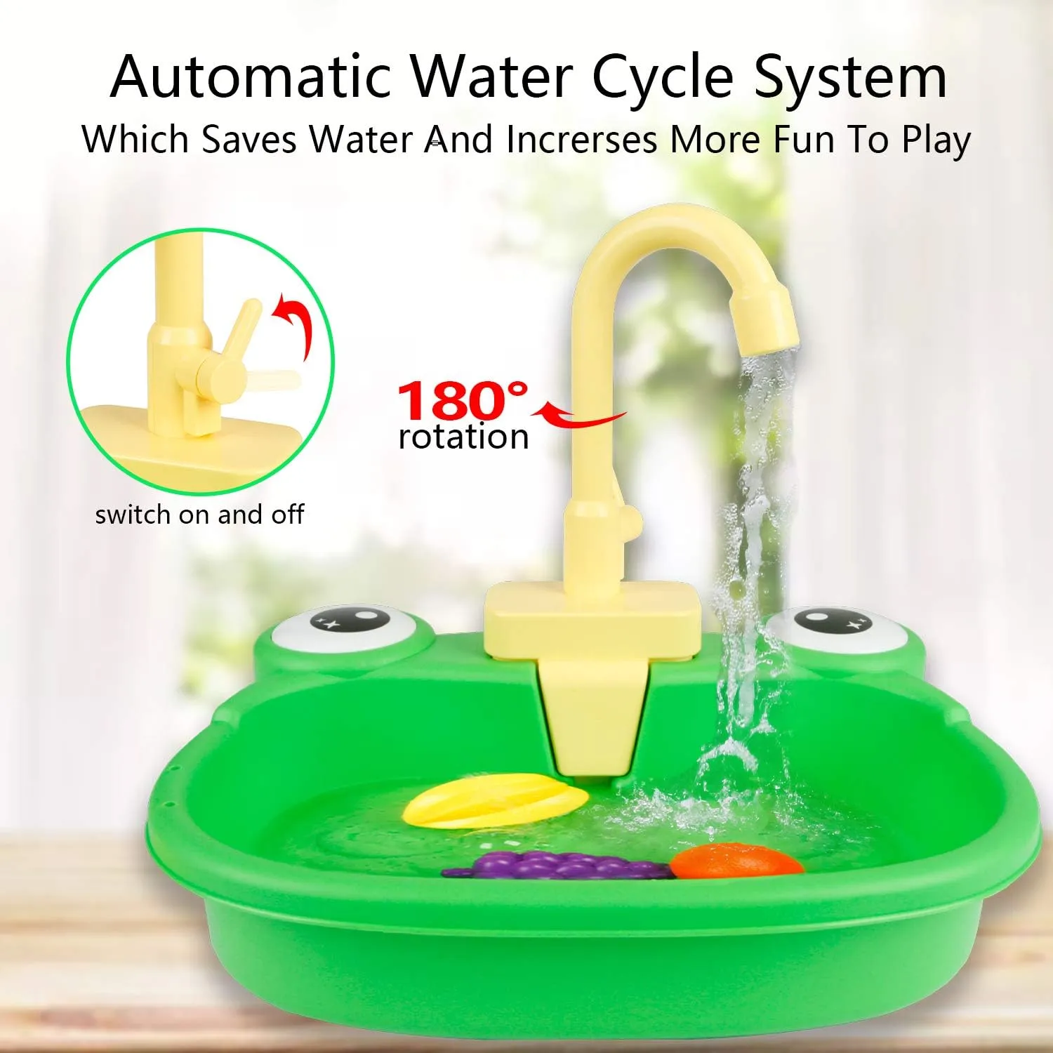 Ruibytree Play Sink with Running Water, Kitchen Sink Toys with Upgraded Electric Faucet, Pretend Play Utensils Accessories and Play Cutting Food for Kids Role Play Dishwasher Toy (Cute Frog)