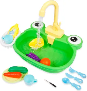 Ruibytree Play Sink with Running Water, Kitchen Sink Toys with Upgraded Electric Faucet, Pretend Play Utensils Accessories and Play Cutting Food for Kids Role Play Dishwasher Toy (Cute Frog)