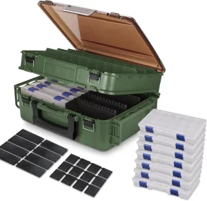 RUNCL Double Layer Fishing Tackle Box with 7 Clear 3500 Boxes, Adjustable Dividers, Ventilated Design, Ideal for Boat, Shore, Lake Fishing, Xmas Surprise Fishing Storage Gifts for Men Women(Green)