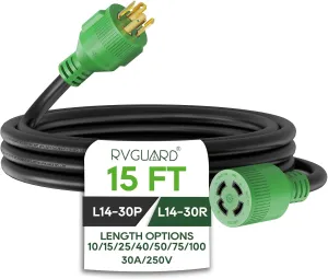RVGUARD 4 Prong 30 Amp 15 Foot Generator Extension Cord, NEMA L14-30P/L14-30R, 125/250V Up to 7500W 10 Gauge SJTW Generator Cord, ETL Listed