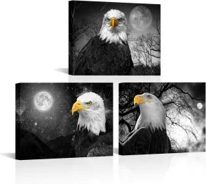 RyounoArt Eagle Pictures Bald Eagle Wall Art Canvas Black and White Modern Artwork for Home Wall Decor Ready to Hang 12"x16"x3 Pcs
