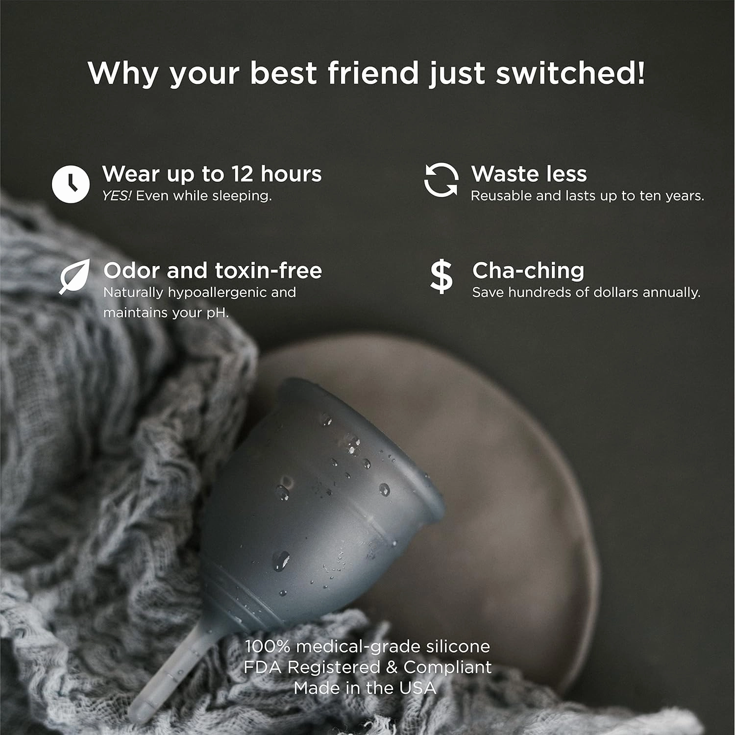 Saalt Soft Menstrual Cup - Best Sensitive Reusable Period Cup - Wear for 12 Hours - Tampon and Pad Alternative (Grey, Small)