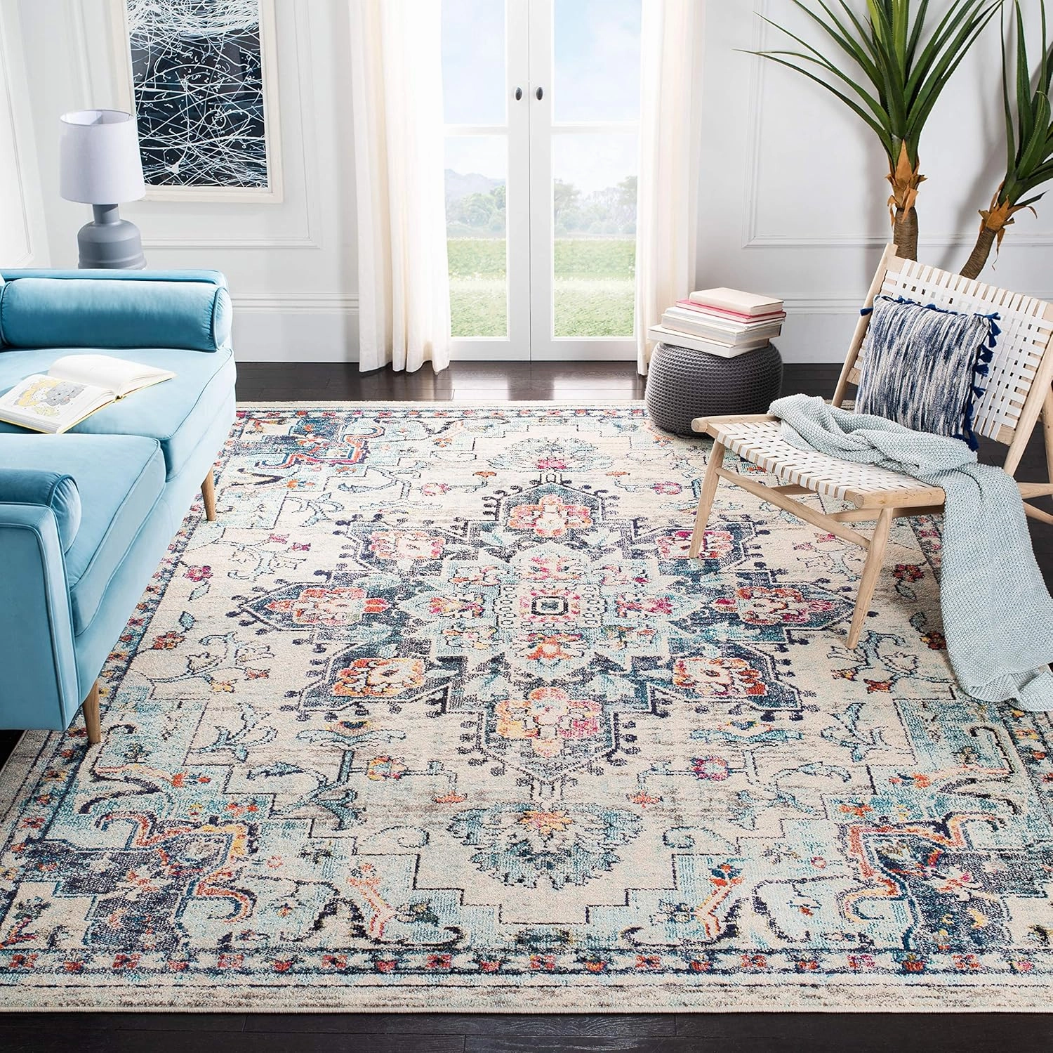 SAFAVIEH Area Rug 8x10 - Madison Collection - Large - Cream & Blue, Boho Chic Medallion Distressed Design, Non-Shedding & Easy Cleaning, Ideal for Living Room, Bedroom, Office, Dining Space (MAD473B)
