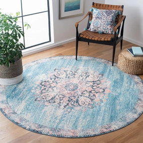 SAFAVIEH Journey Collection Area Rug - 6'7" Round, Turquoise & Pink, Distressed Design, Non-Shedding Machine Washable & Slip Resistant Ideal for High Traffic Areas in Living Room, Bedroom (JNY152M)