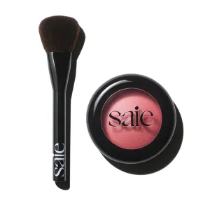 Saie Blush & Brush Duo - SuperSuede Baked Blush in Mia (.01 oz) & Powder Blush Brush - Talc-Free, Moisturizing Blush with Vegan, Fluffy Brush for Seamless Application