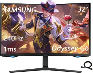 SAMSUNG 32" Odyssey G65B Series QHD Gaming Monitor, 1000R Curved, 240Hz, 1ms, Smart TV Apps and Gaming Hub, Swivel & Tilt Adjustable Stand, Black, with HDMI Cable