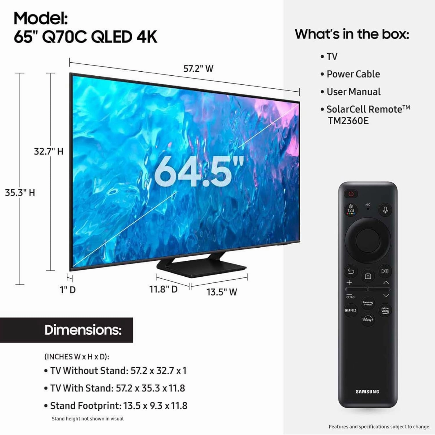 SAMSUNG 65-Inch Class QLED 4K Q70C Series Quantum HDR, Dual LED, Object Tracking Sound Lite, Q-Symphony, Motion Xcelerator Turbo , Gaming Hub, Smart TV with Alexa Built-in (QN65Q70C, 2023 Model),Black