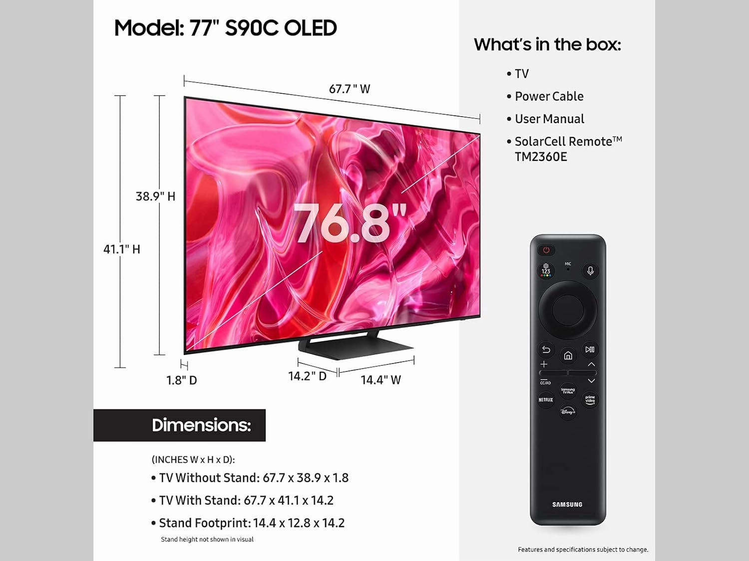SAMSUNG 77-Inch Class OLED 4K S90C Series Quantum HDR, Dolby Atmos Object Tracking Sound Lite, Ultra Thin, Q-Symphony 3.0, Gaming Hub, Smart TV with Alexa Built-in (QN77S90C, 2023 Model)