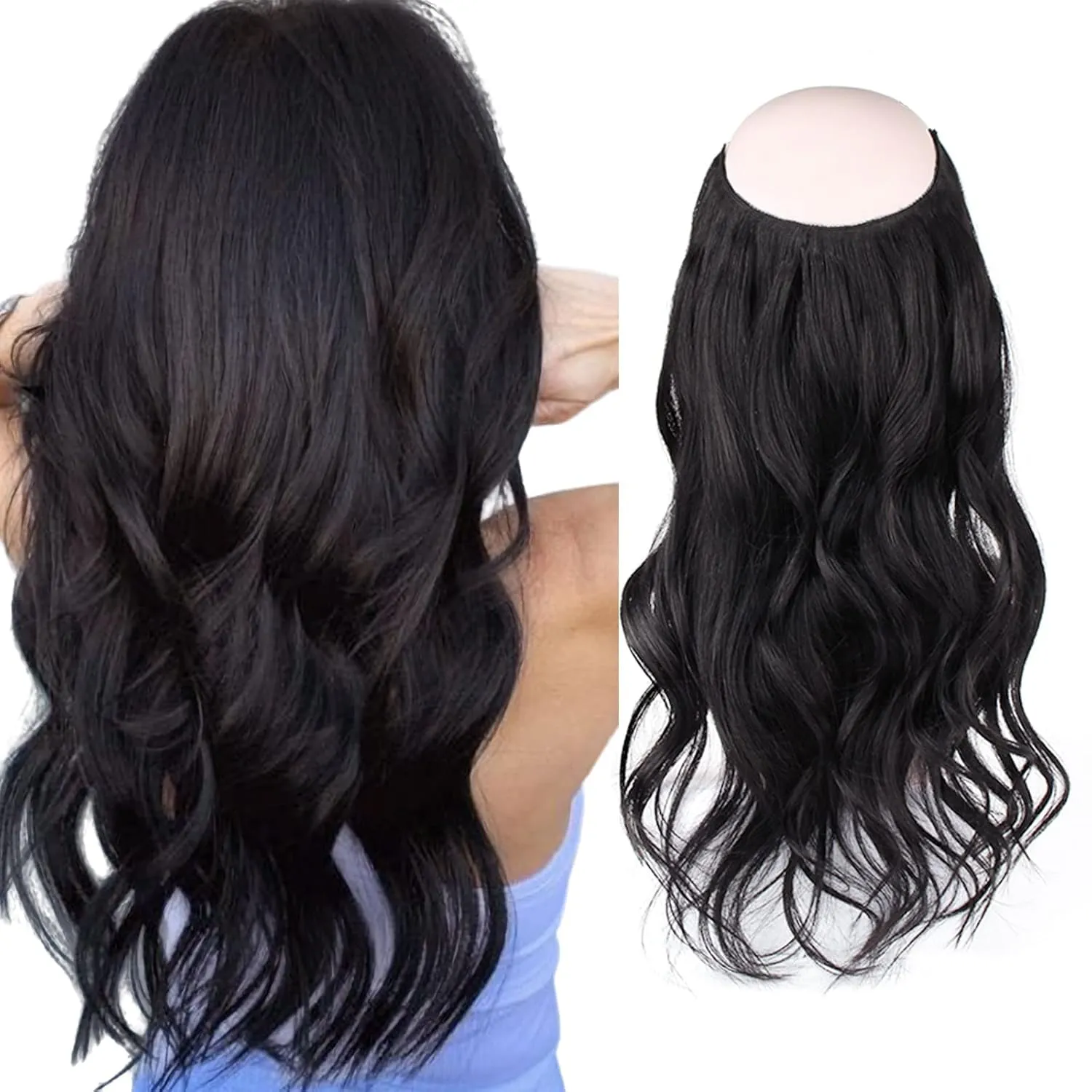 Sassina Invisible Wire Hair Extensions Real Human Hair with Transparent Wire Adjustable Size Secure Clips Natural Straight Secret Miracle Hairpiece, #1 Jet Black 14 Inch 70 Gram