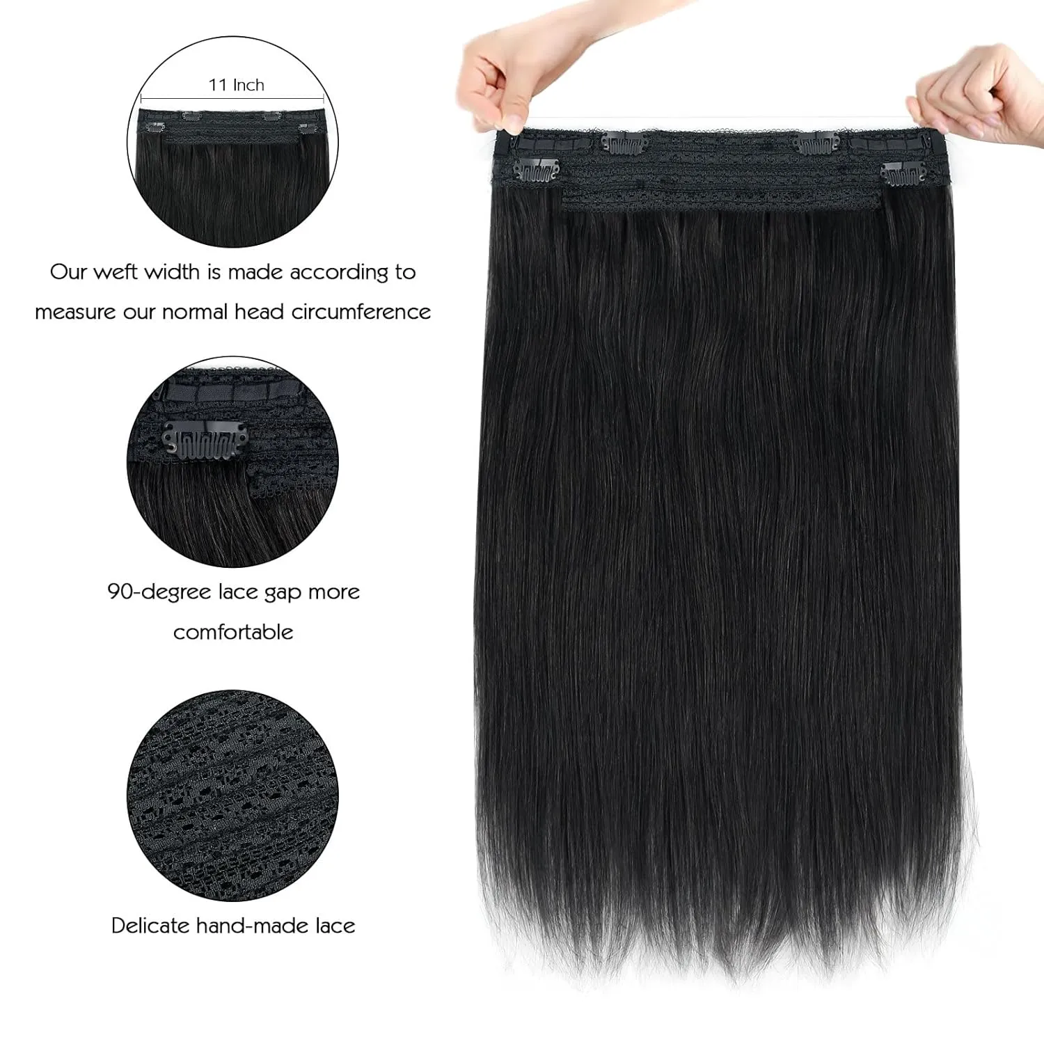 Sassina Invisible Wire Hair Extensions Real Human Hair with Transparent Wire Adjustable Size Secure Clips Natural Straight Secret Miracle Hairpiece, #1 Jet Black 14 Inch 70 Gram