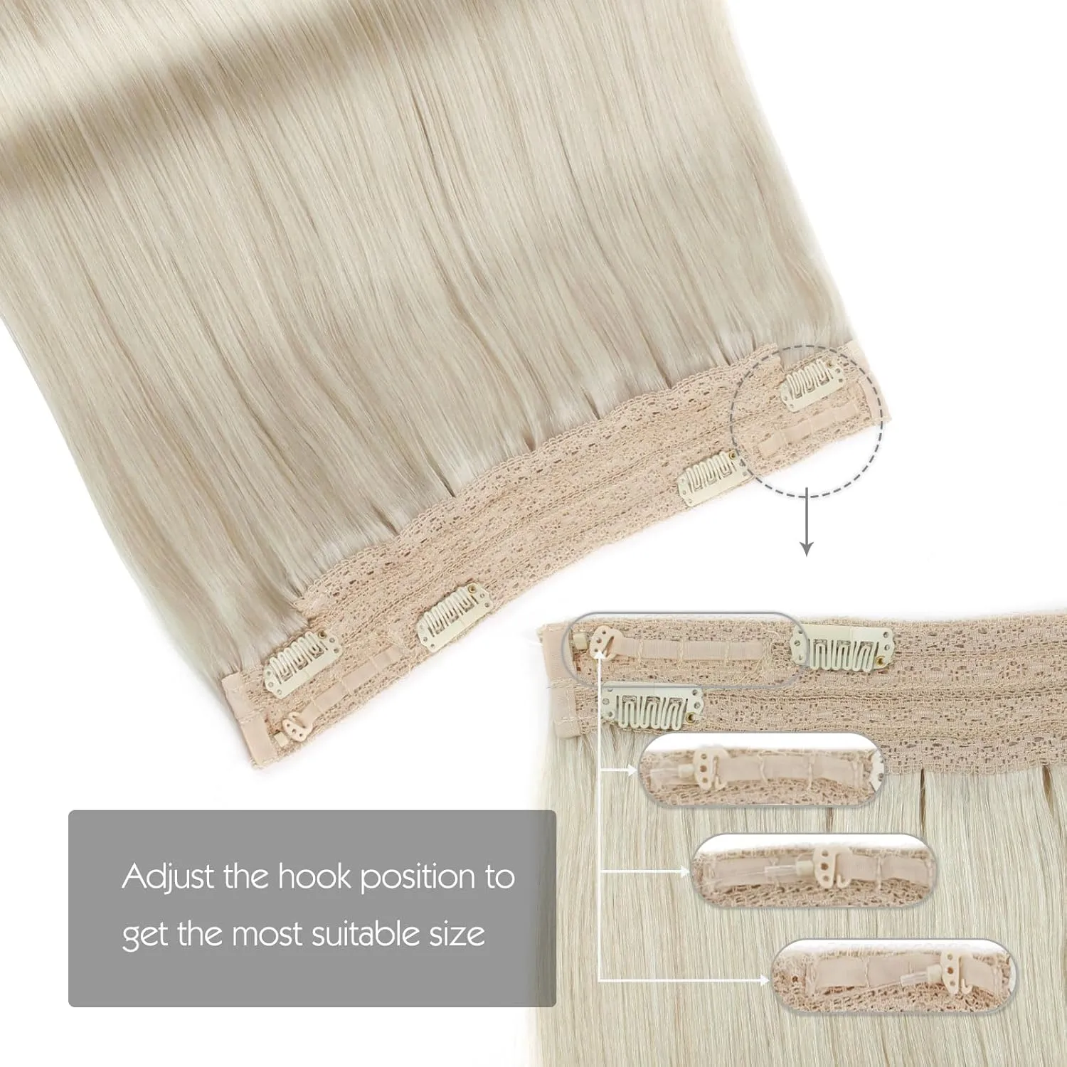 Sassina Invisible Wire Hair Extensions Real Human Hair with Transparent Wire Adjustable Size Secure Clips Natural Straight Secret Miracle Hairpiece, #1000 White Blonde 14 Inch 70 Gram