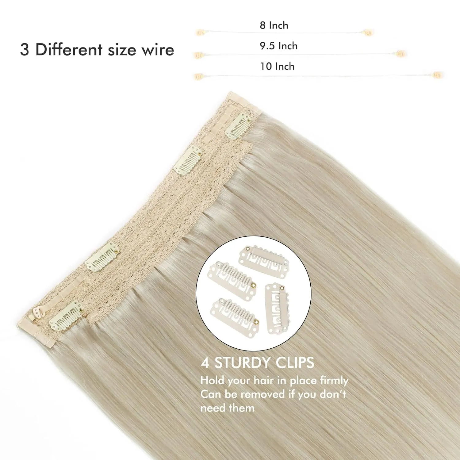 Sassina Invisible Wire Hair Extensions Real Human Hair with Transparent Wire Adjustable Size Secure Clips Natural Straight Secret Miracle Hairpiece, #1000 White Blonde 14 Inch 70 Gram