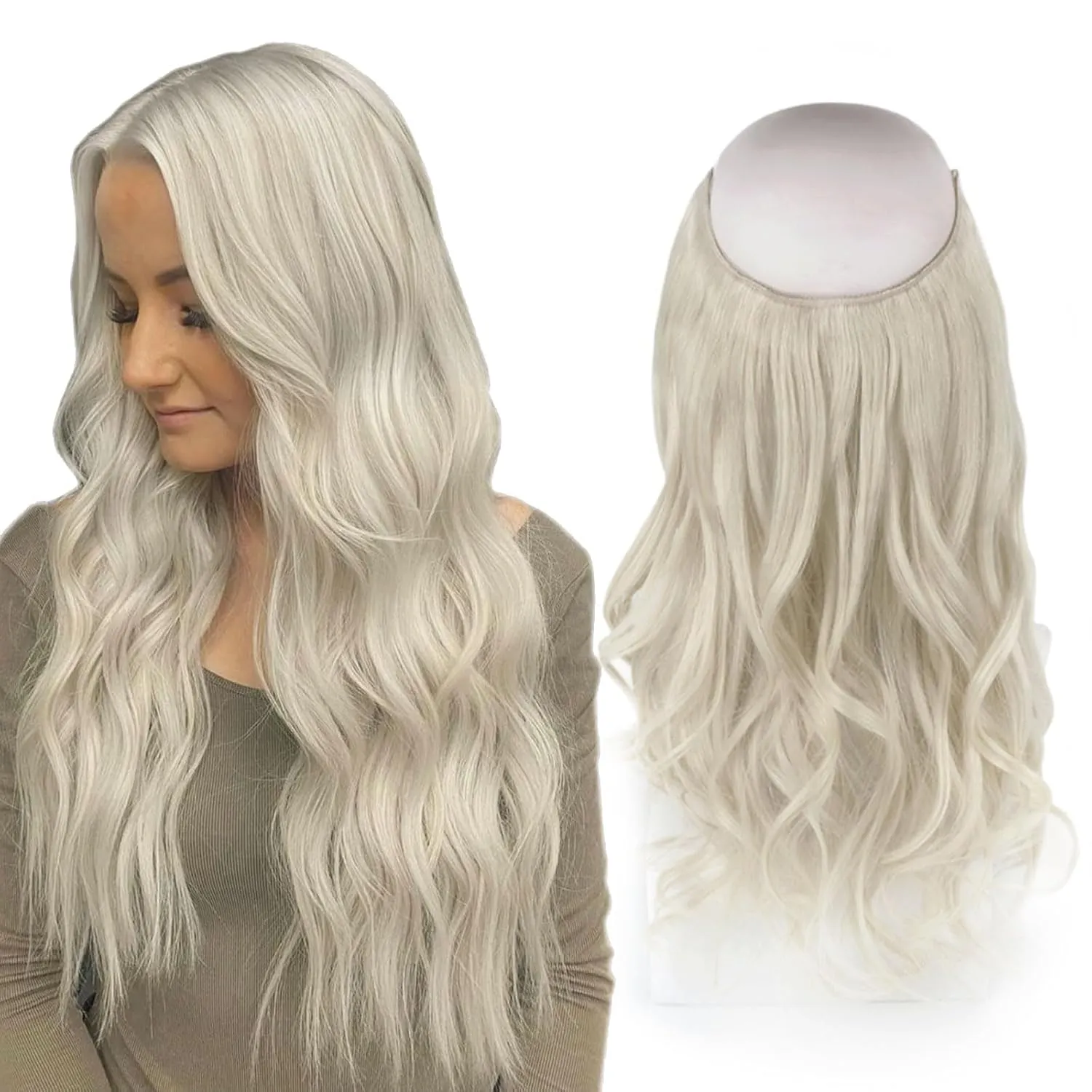 Sassina Invisible Wire Hair Extensions Real Human Hair with Transparent Wire Adjustable Size Secure Clips Natural Straight Secret Miracle Hairpiece, #1000 White Blonde 14 Inch 70 Gram