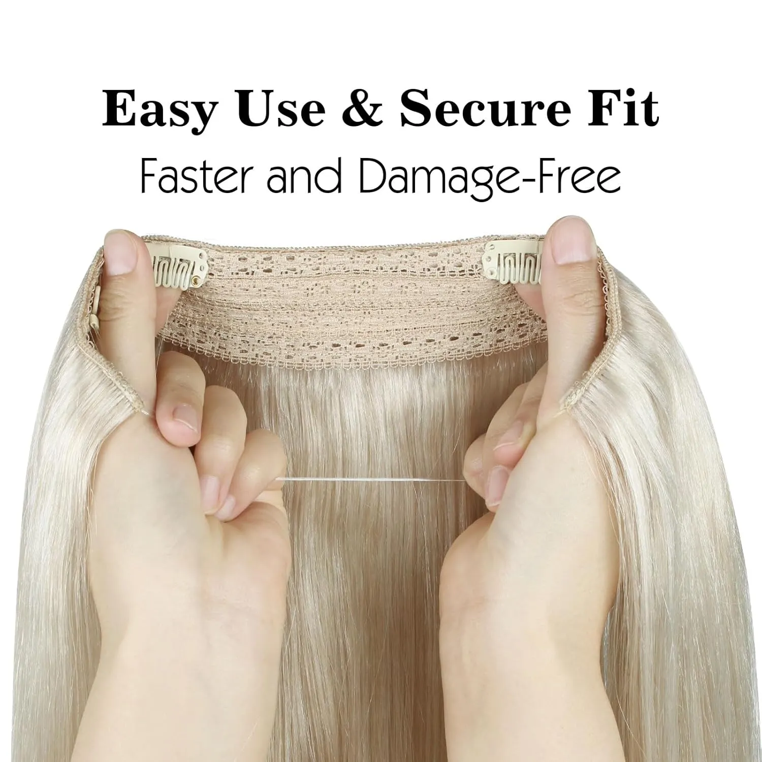 Sassina Invisible Wire Hair Extensions Real Human Hair with Transparent Wire Adjustable Size Secure Clips Natural Straight Secret Miracle Hairpiece, #1000 White Blonde 14 Inch 70 Gram