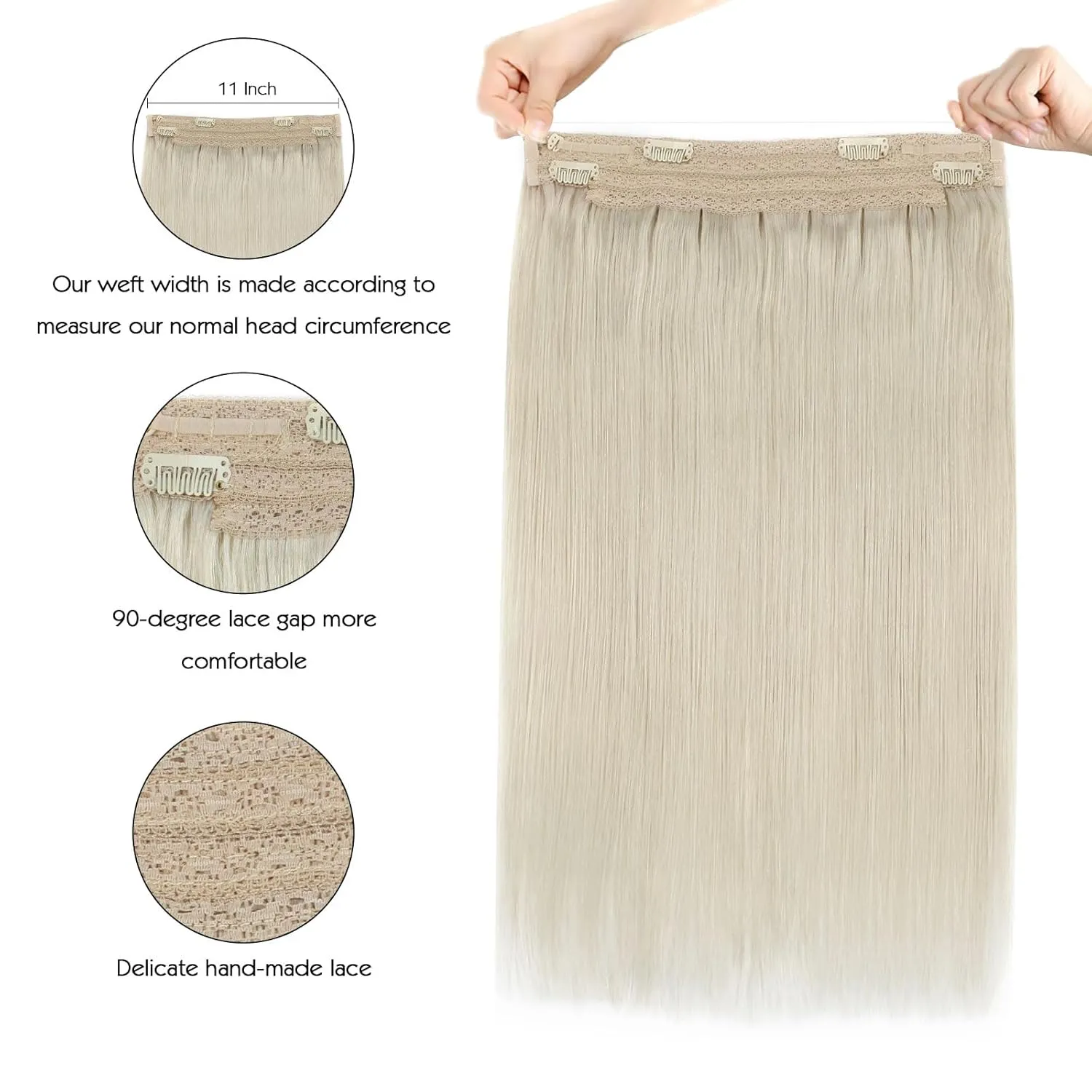 Sassina Invisible Wire Hair Extensions Real Human Hair with Transparent Wire Adjustable Size Secure Clips Natural Straight Secret Miracle Hairpiece, #1000 White Blonde 14 Inch 70 Gram
