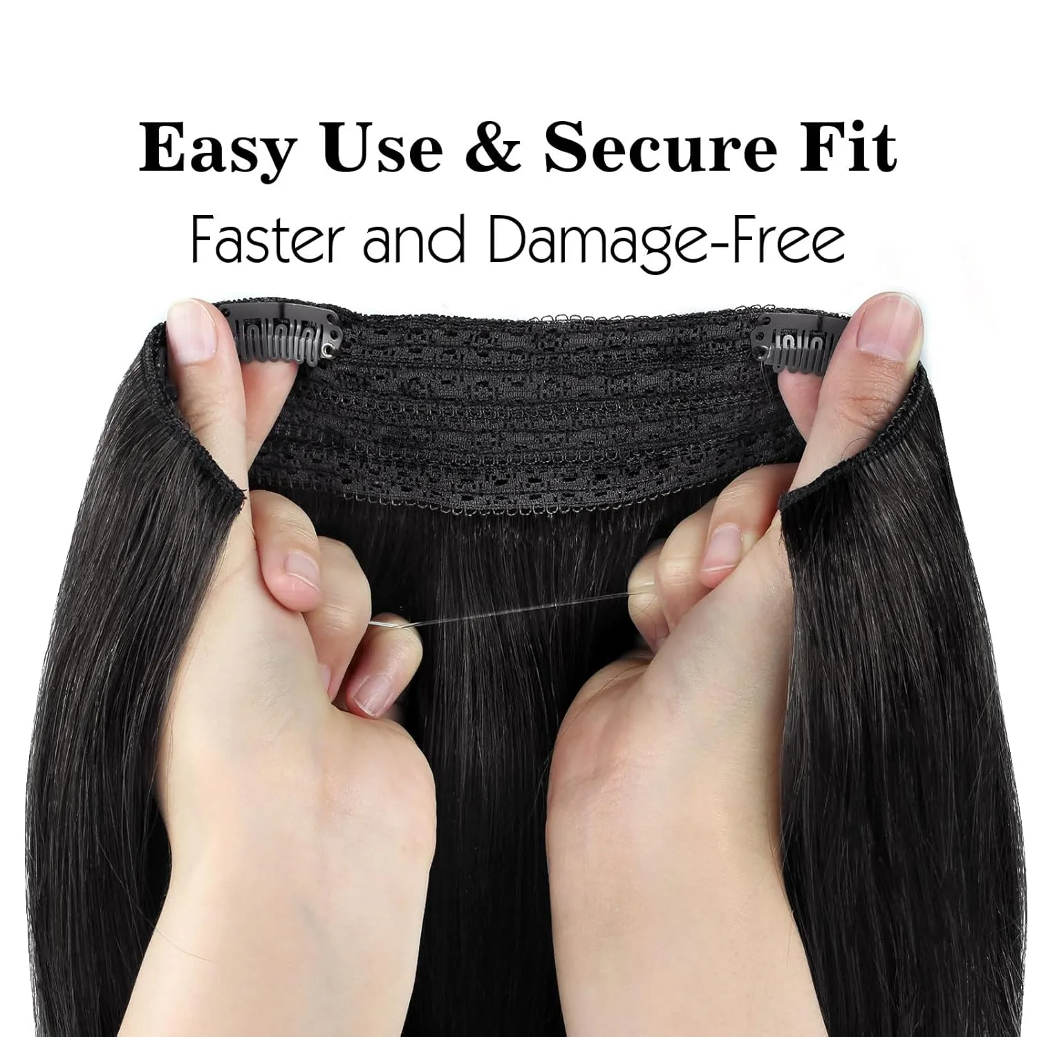 Sassina Invisible Wire Hair Extensions Real Human Hair with Transparent Wire Adjustable Size Secure Clips Natural Straight Secret Miracle Hairpiece, #1B Off Black 14 Inch 70 Gram