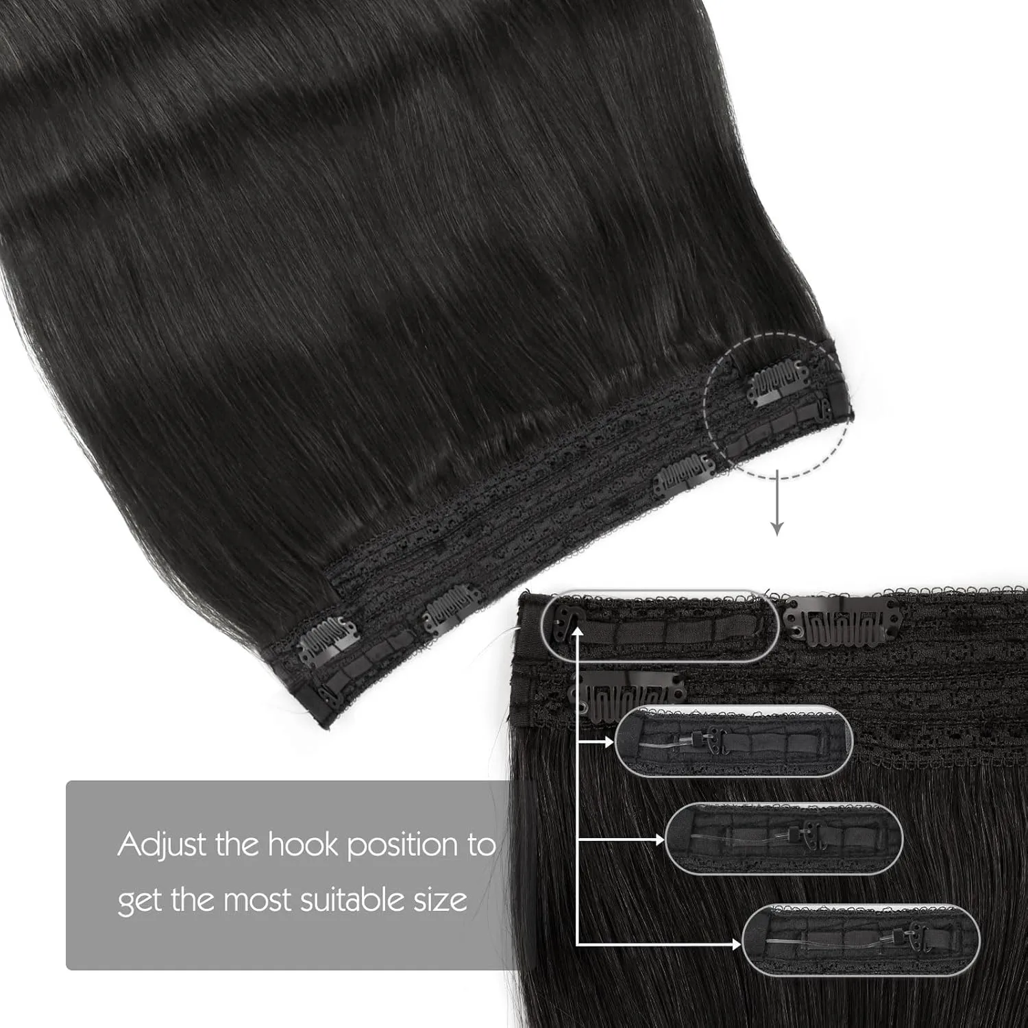 Sassina Invisible Wire Hair Extensions Real Human Hair with Transparent Wire Adjustable Size Secure Clips Natural Straight Secret Miracle Hairpiece, #1B Off Black 18 Inch 80 Gram
