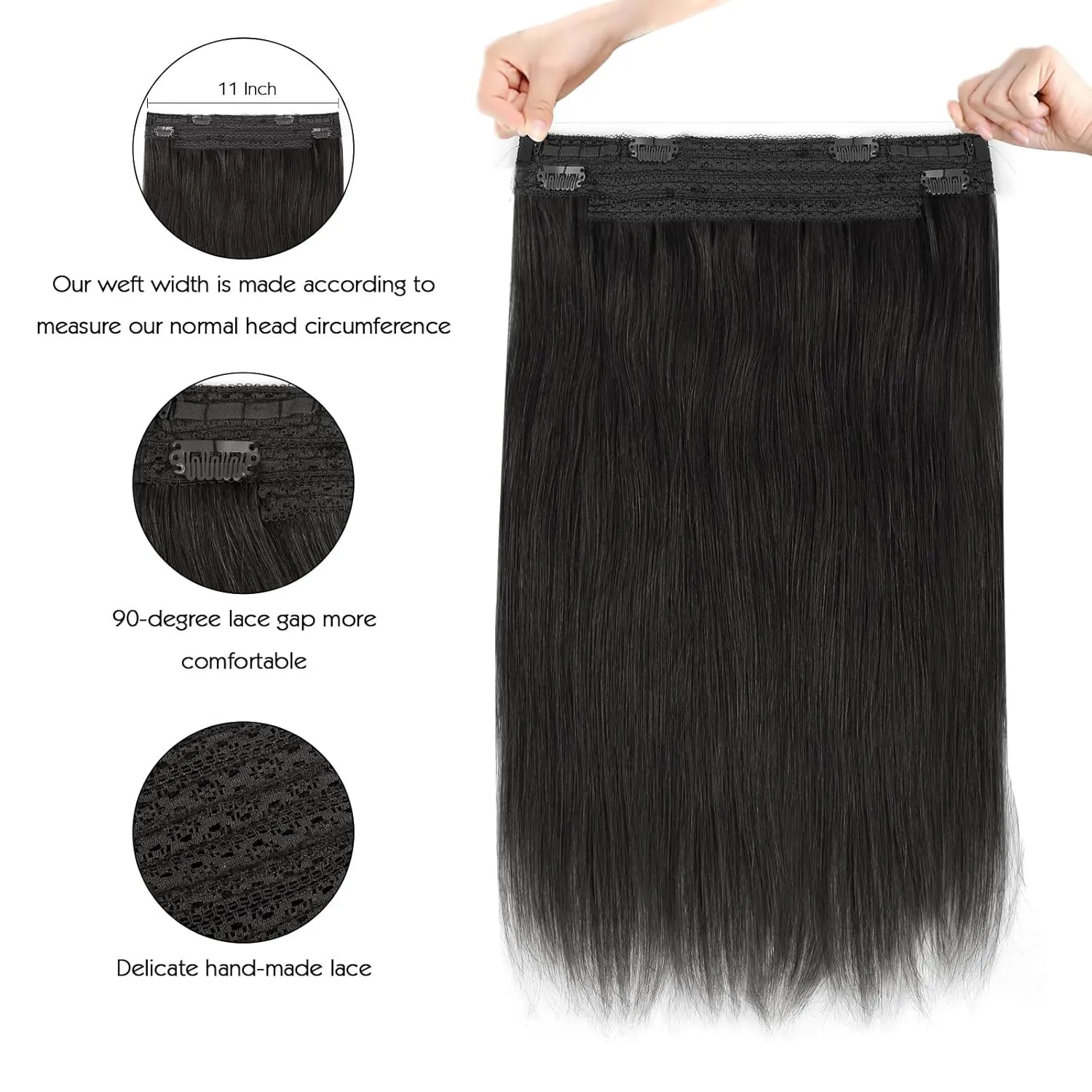 Sassina Invisible Wire Hair Extensions Real Human Hair with Transparent Wire Adjustable Size Secure Clips Natural Straight Secret Miracle Hairpiece, #1B Off Black 18 Inch 80 Gram