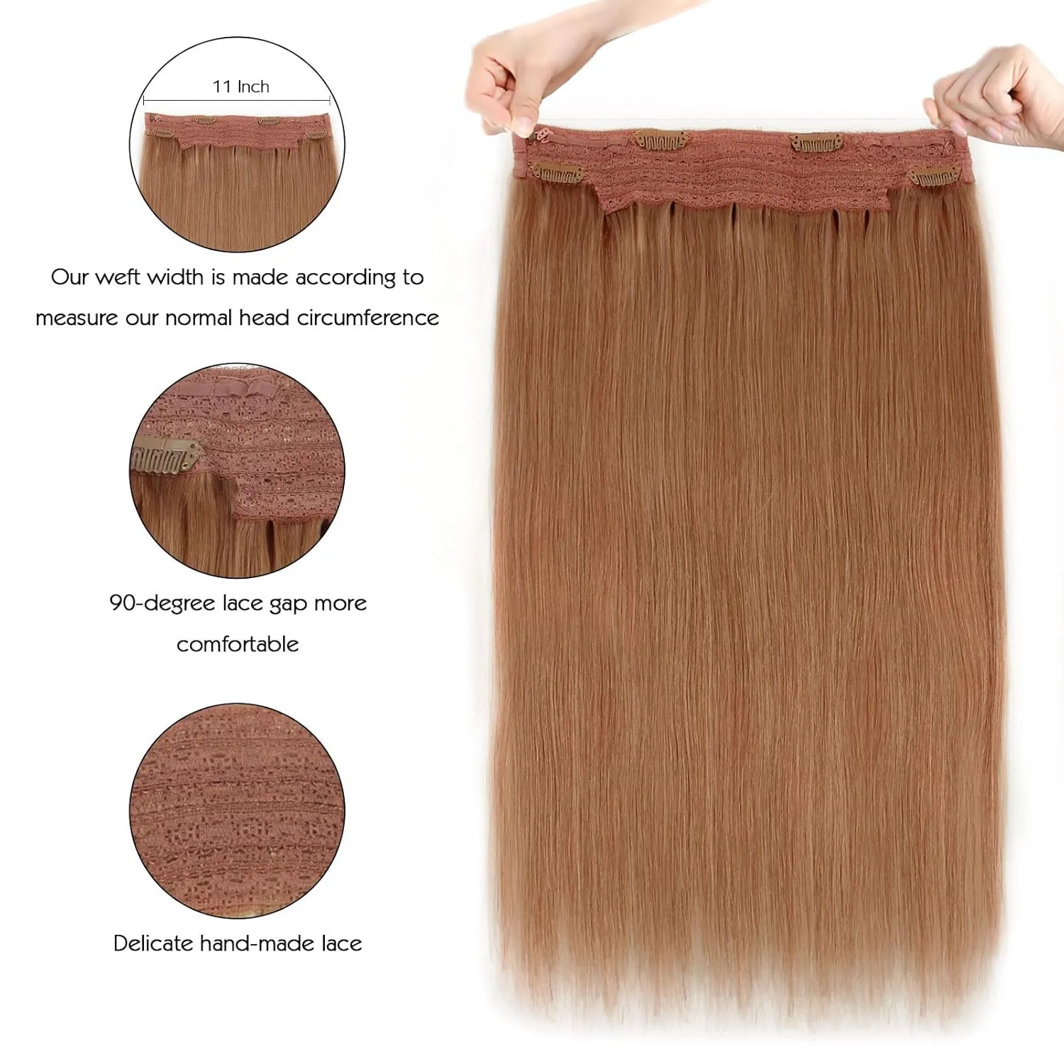 Sassina Invisible Wire Hair Extensions Real Human Hair with Transparent Wire Adjustable Size Secure Clips Natural Straight Secret Miracle Hairpiece, #30 Auburn 18 Inch 80 Gram