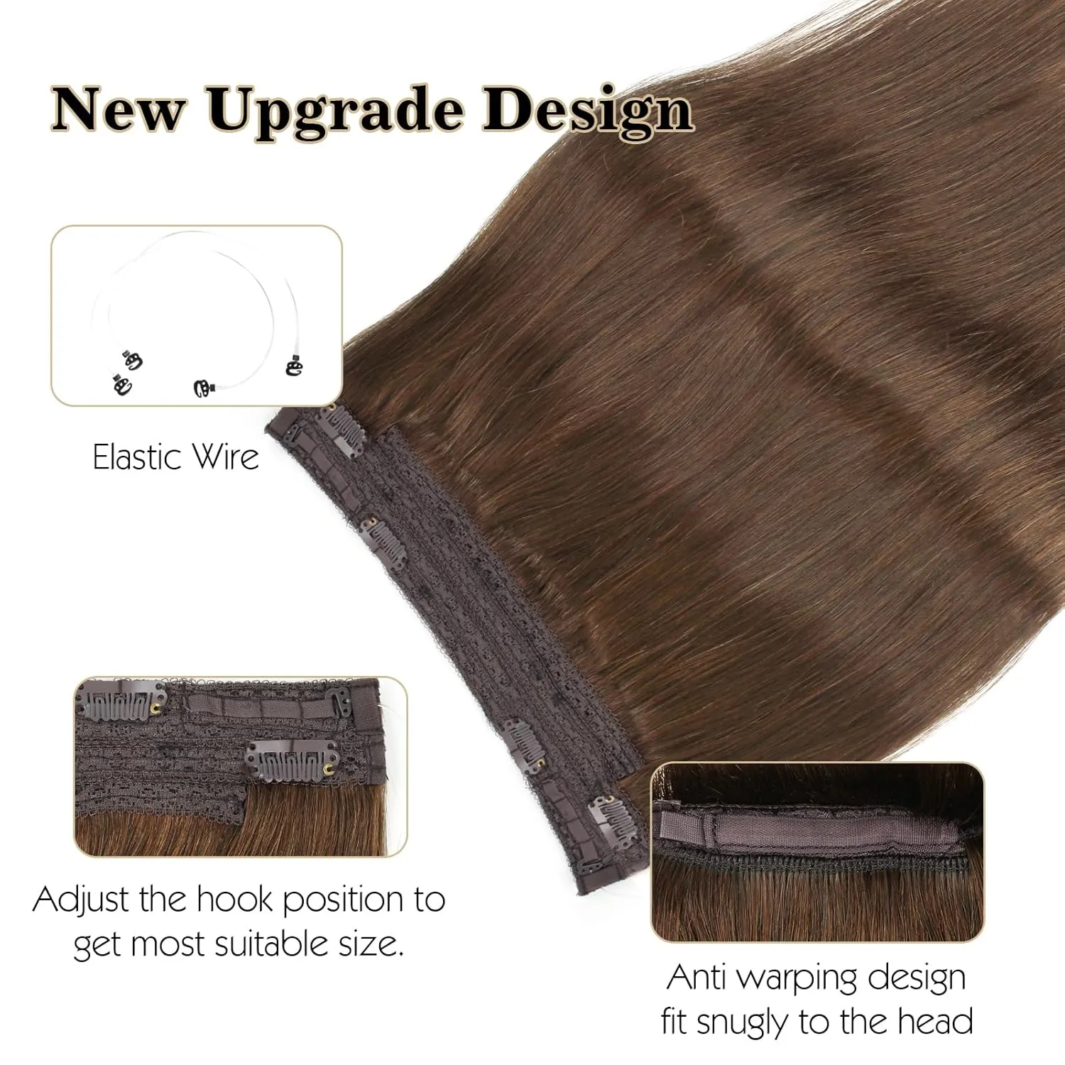 Sassina Invisible Wire Hair Extensions Real Human Hair with Transparent Wire Adjustable Size Secure Clips Natural Straight Secret Miracle Hairpiece, #4 Medium Brown 18 Inch 80 Gram