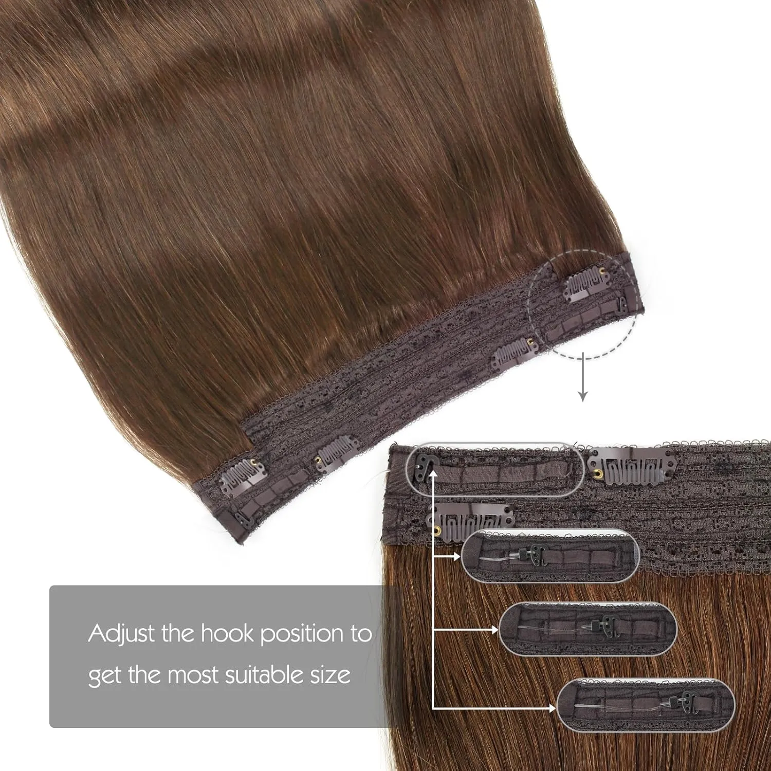 Sassina Invisible Wire Hair Extensions Real Human Hair with Transparent Wire Adjustable Size Secure Clips Natural Straight Secret Miracle Hairpiece, #4 Medium Brown 18 Inch 80 Gram
