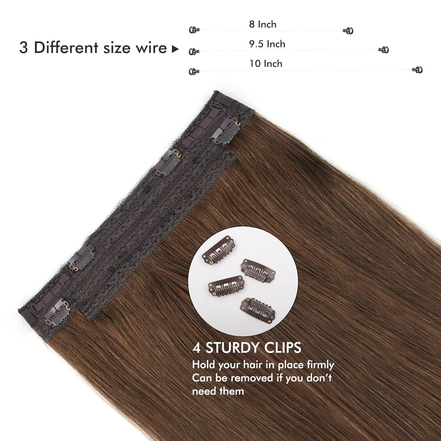Sassina Invisible Wire Hair Extensions Real Human Hair with Transparent Wire Adjustable Size Secure Clips Natural Straight Secret Miracle Hairpiece, #4 Medium Brown 18 Inch 80 Gram
