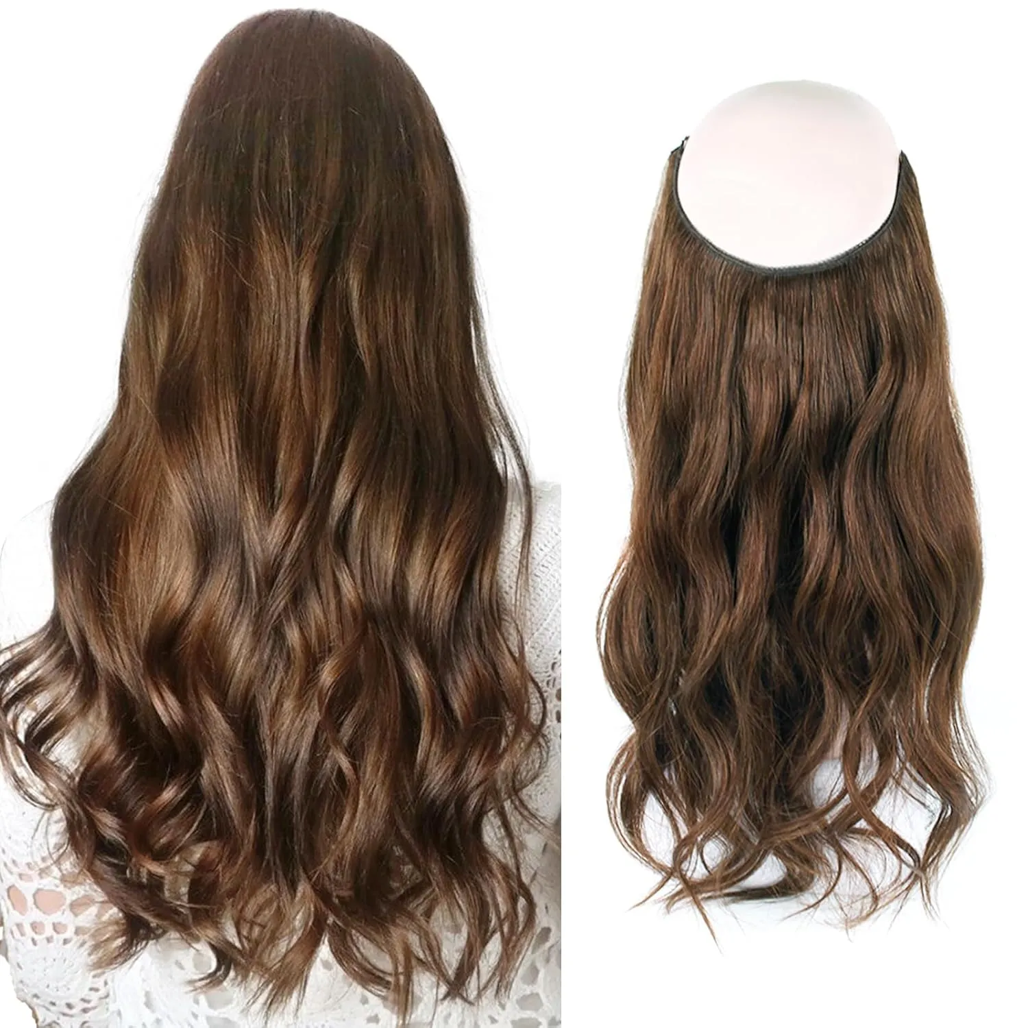 Sassina Invisible Wire Hair Extensions Real Human Hair with Transparent Wire Adjustable Size Secure Clips Natural Straight Secret Miracle Hairpiece, #4 Medium Brown 18 Inch 80 Gram