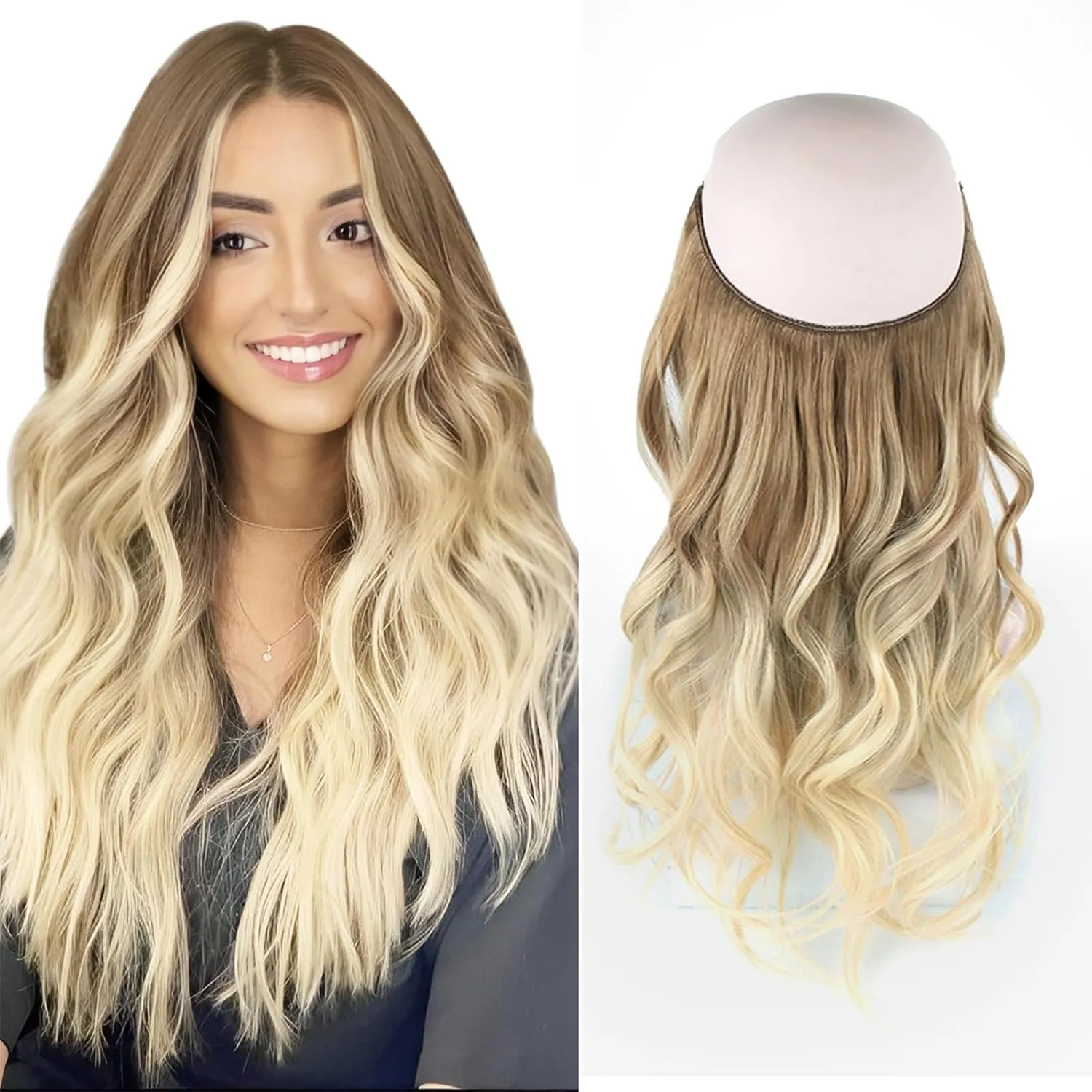 Sassina Invisible Wire Hair Extensions Real Human Hair with Transparent Wire Adjustable Size Secure Clips Natural Straight Secret Miracle Hairpiece, Balayage 8-60 18 Inch 80 Gram