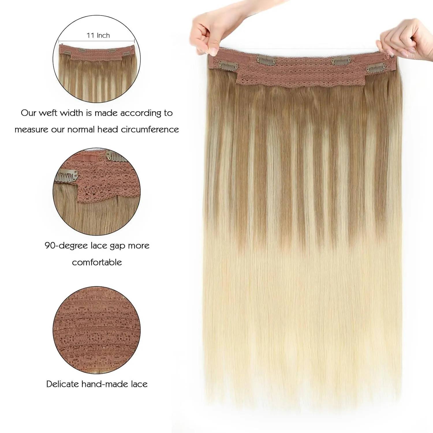 Sassina Invisible Wire Hair Extensions Real Human Hair with Transparent Wire Adjustable Size Secure Clips Natural Straight Secret Miracle Hairpiece, Balayage 8-60 18 Inch 80 Gram