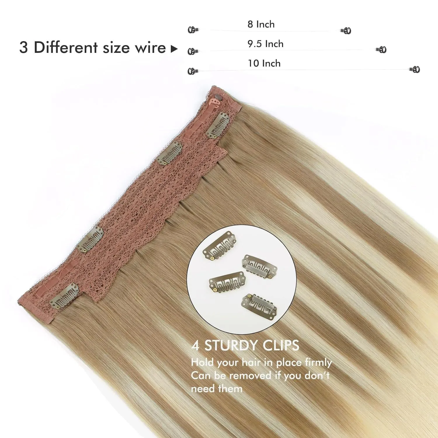 Sassina Invisible Wire Hair Extensions Real Human Hair with Transparent Wire Adjustable Size Secure Clips Natural Straight Secret Miracle Hairpiece, Balayage 8-60 18 Inch 80 Gram