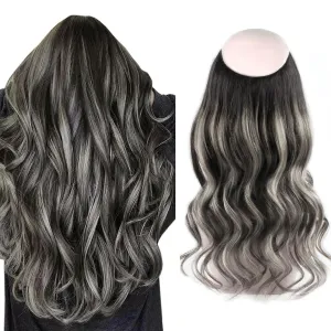 Sassina Invisible Wire Hair Extensions Real Human Hair with Transparent Wire Adjustable Size Secure Clips Natural Straight Secret Miracle Hairpiece, Rooted Highlight RP1B-Silver 14 Inch 70 Gram