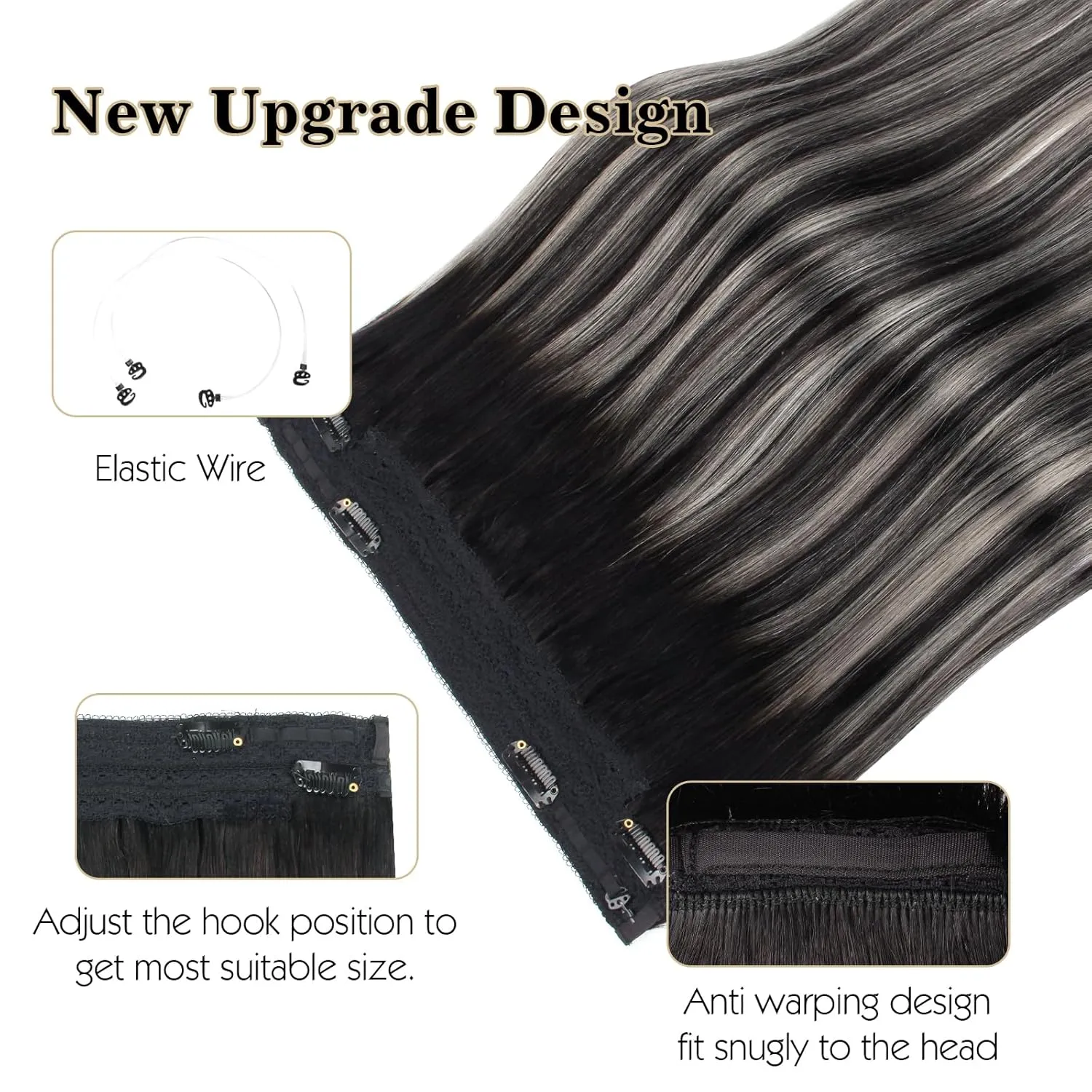 Sassina Invisible Wire Hair Extensions Real Human Hair with Transparent Wire Adjustable Size Secure Clips Natural Straight Secret Miracle Hairpiece, Rooted Highlight RP1B-Silver 14 Inch 70 Gram