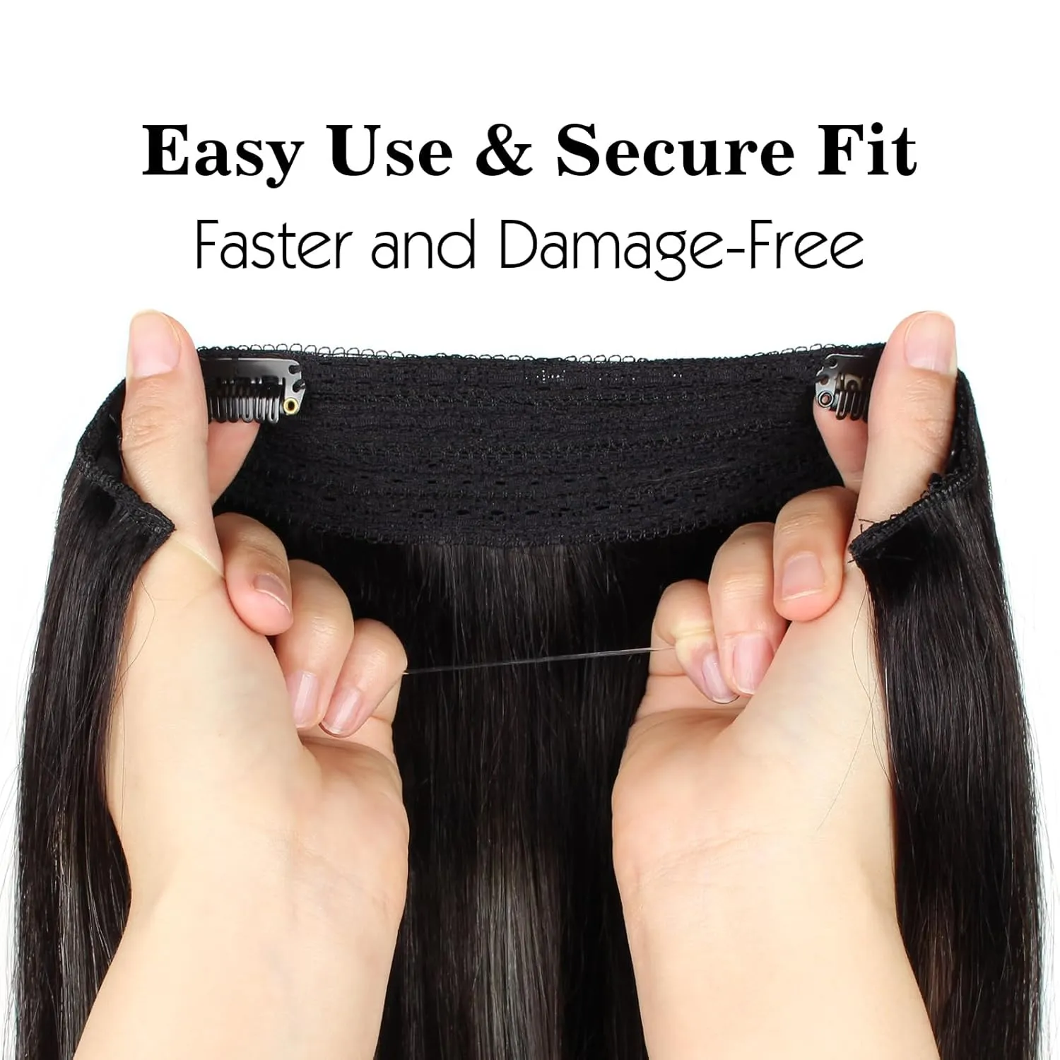 Sassina Invisible Wire Hair Extensions Real Human Hair with Transparent Wire Adjustable Size Secure Clips Natural Straight Secret Miracle Hairpiece, Rooted Highlight RP1B-Silver 18 Inch 80 Gram