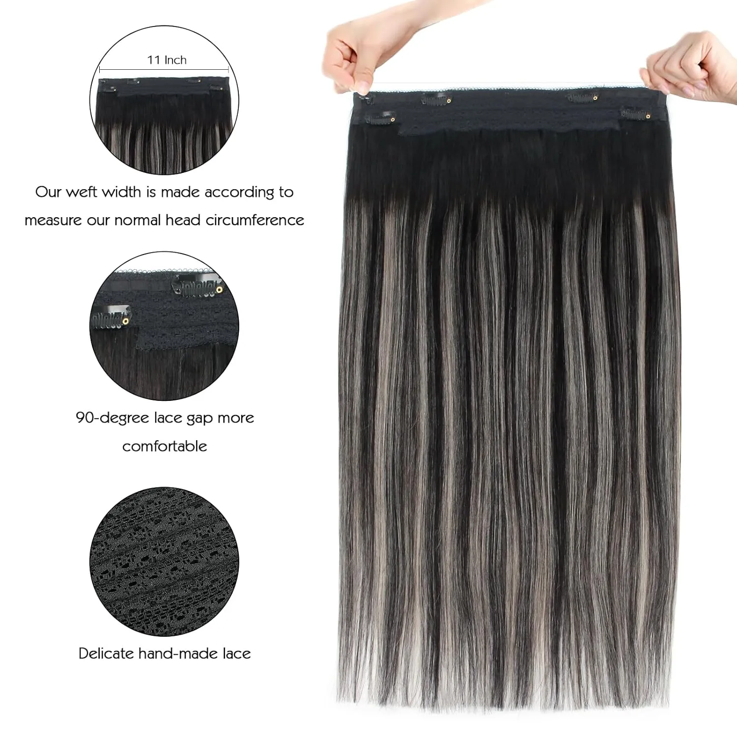 Sassina Invisible Wire Hair Extensions Real Human Hair with Transparent Wire Adjustable Size Secure Clips Natural Straight Secret Miracle Hairpiece, Rooted Highlight RP1B-Silver 18 Inch 80 Gram