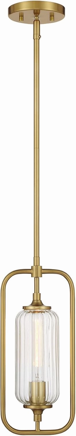 Savoy Essentials 7-3022-1-322 Holton Industrial Contemporary Vintage Clear Ribbed Glass Mini-Pendant, 1-Light 60 Watt, 15" H x 7" W, Warm Brass
