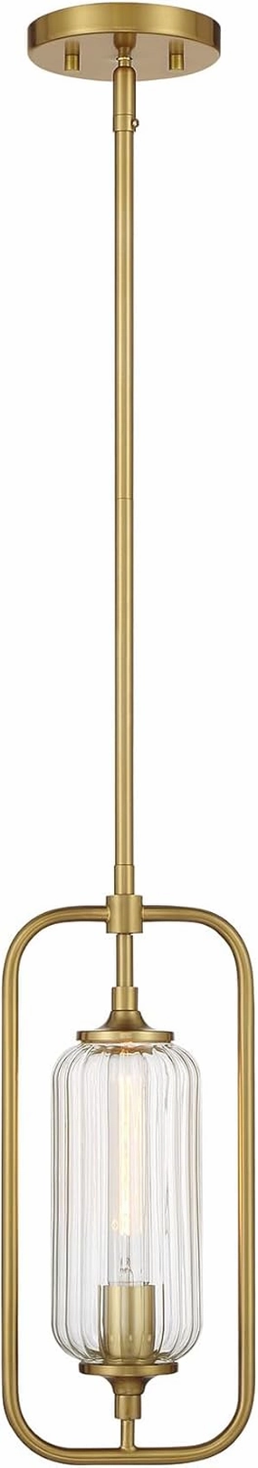 Savoy Essentials 7-3022-1-322 Holton Industrial Contemporary Vintage Clear Ribbed Glass Mini-Pendant, 1-Light 60 Watt, 15" H x 7" W, Warm Brass