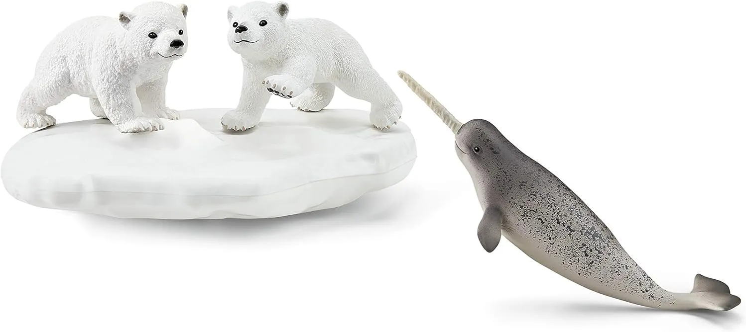 Schleich Wild Life 4pc. Polar Playground with Polar Bear Cub and Narwhal Figurines - Highly Detailed Polar Playset, Durable for Education and Fun Play, Perfect for Boys and Girls, Ages 3 