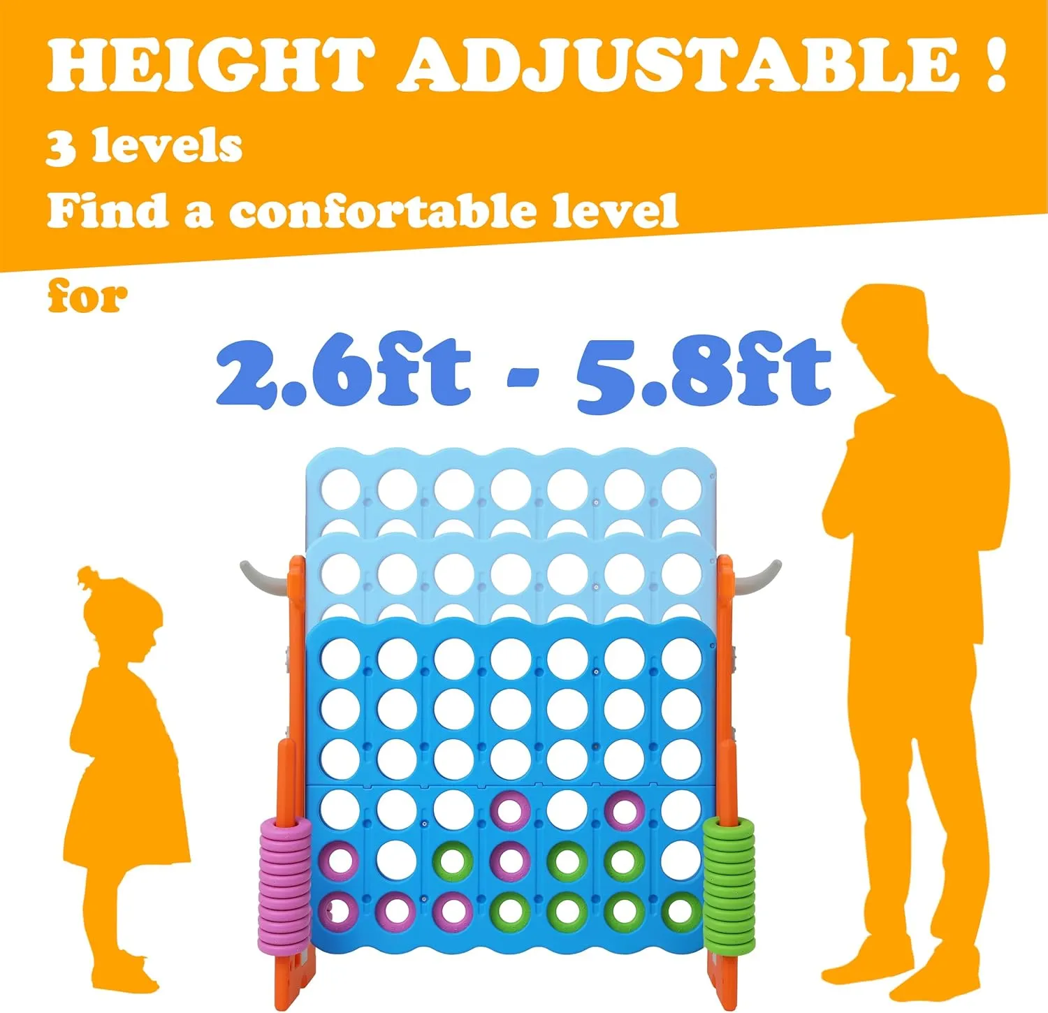 SDADI Height Adjustable Giant 4 in a Row Connect Game, 2-in-1 Jumbo 4-to-Score Game with Ring Toss Game Set, Indoor Outdoor Yard Game Party Game for Kids Adults and Family, Orange