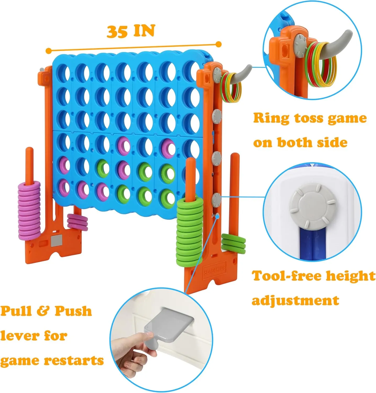 SDADI Height Adjustable Giant 4 in a Row Connect Game, 2-in-1 Jumbo 4-to-Score Game with Ring Toss Game Set, Indoor Outdoor Yard Game Party Game for Kids Adults and Family, Orange