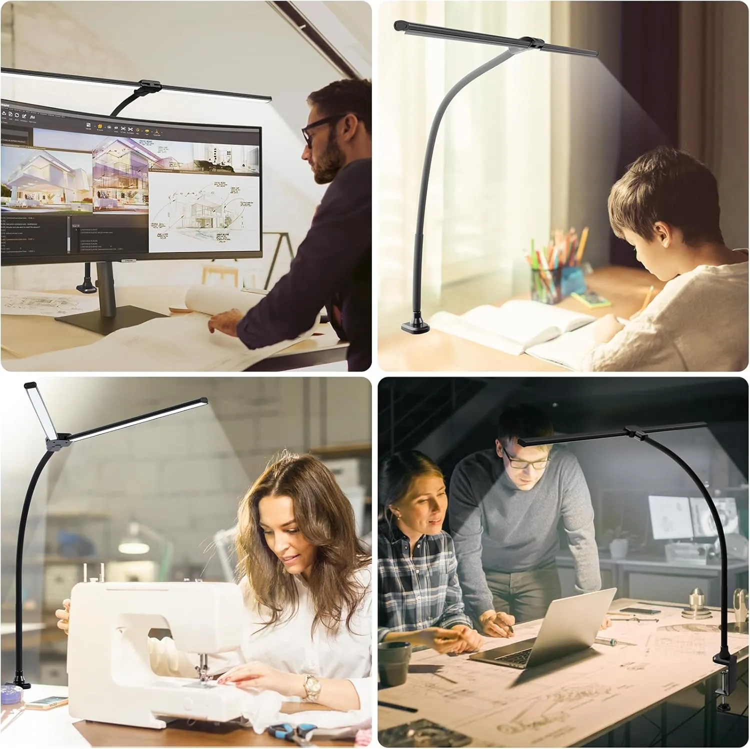ShineTech LED Desk Lamp for Home Office, 3000K Warm White Double Head Architect Task Lamps with Clamp, Dimmable Adjustable Flexible Gooseneck, Black