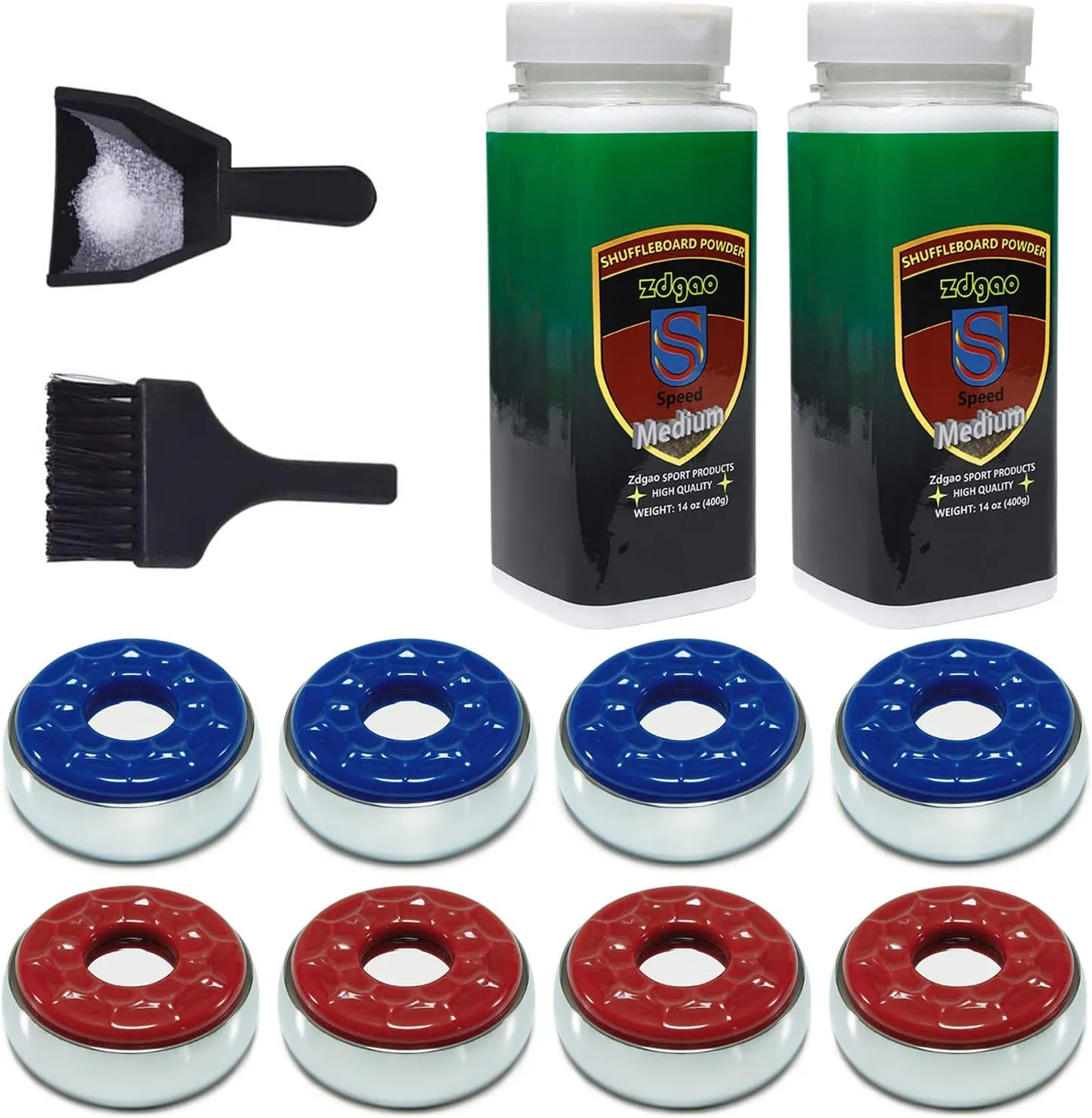 Shuffleboard Pucks w/ 2 Cans Shuffleboard Wax, Mini Dustpan and Brush for Shuffleboard Table, Complete Shuffleboard Accessories Bundle