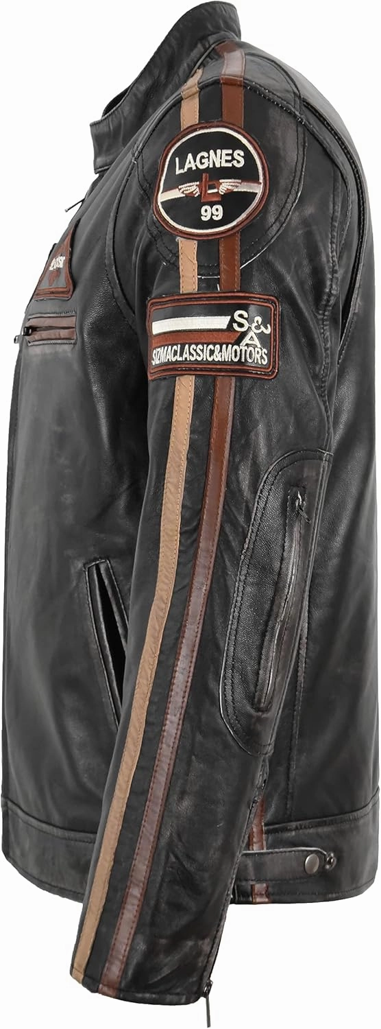 SIZMA Men's Leather Jacket Black Vintage Lambskin Retro Motorcycle Style Jacket 5011