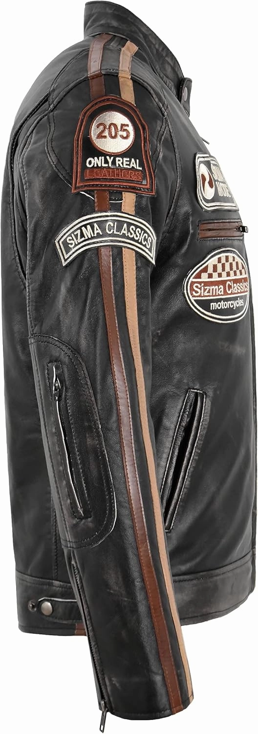 SIZMA Men's Leather Jacket Black Vintage Lambskin Retro Motorcycle Style Jacket 5011
