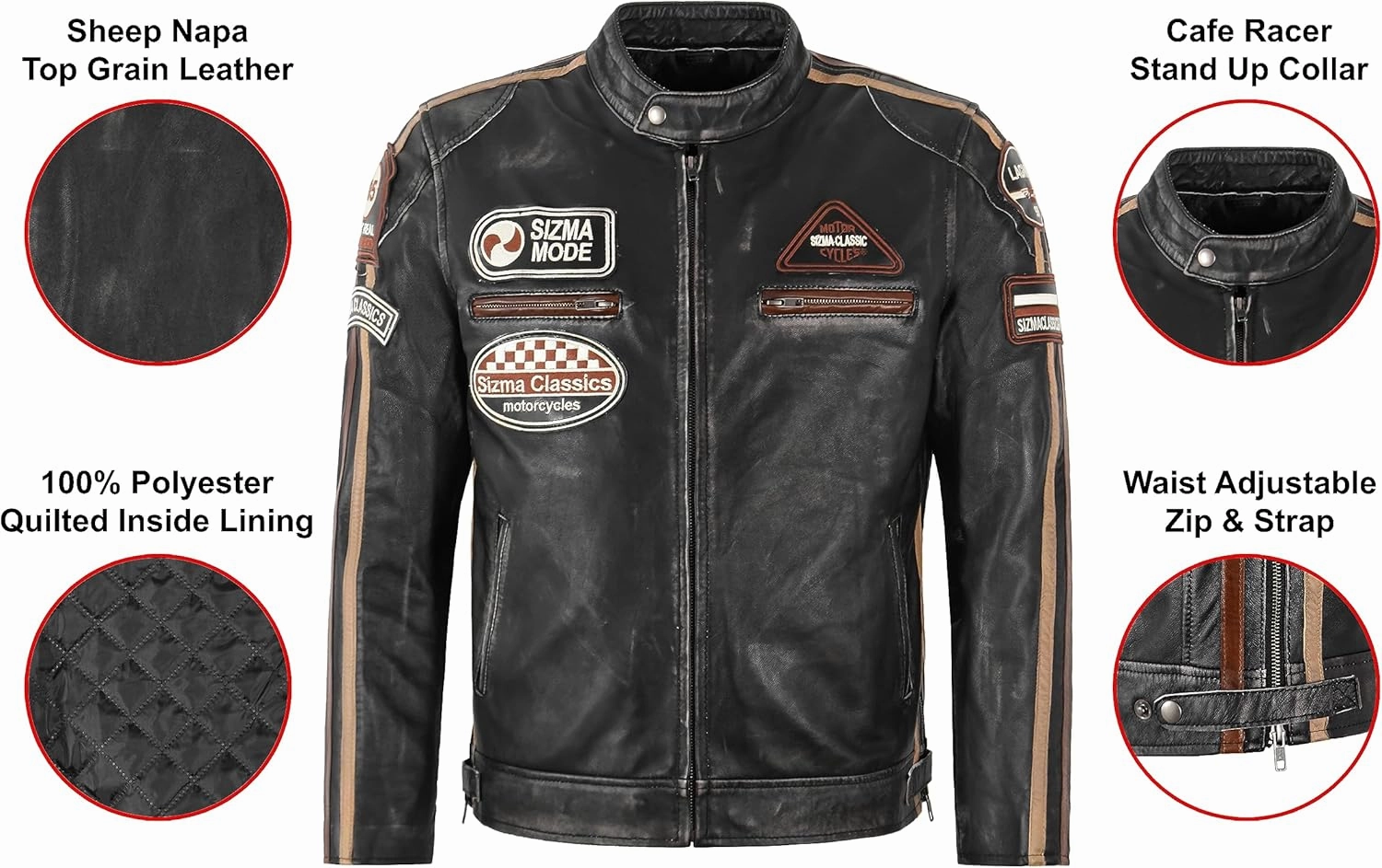 SIZMA Men's Leather Jacket Black Vintage Lambskin Retro Motorcycle Style Jacket 5011