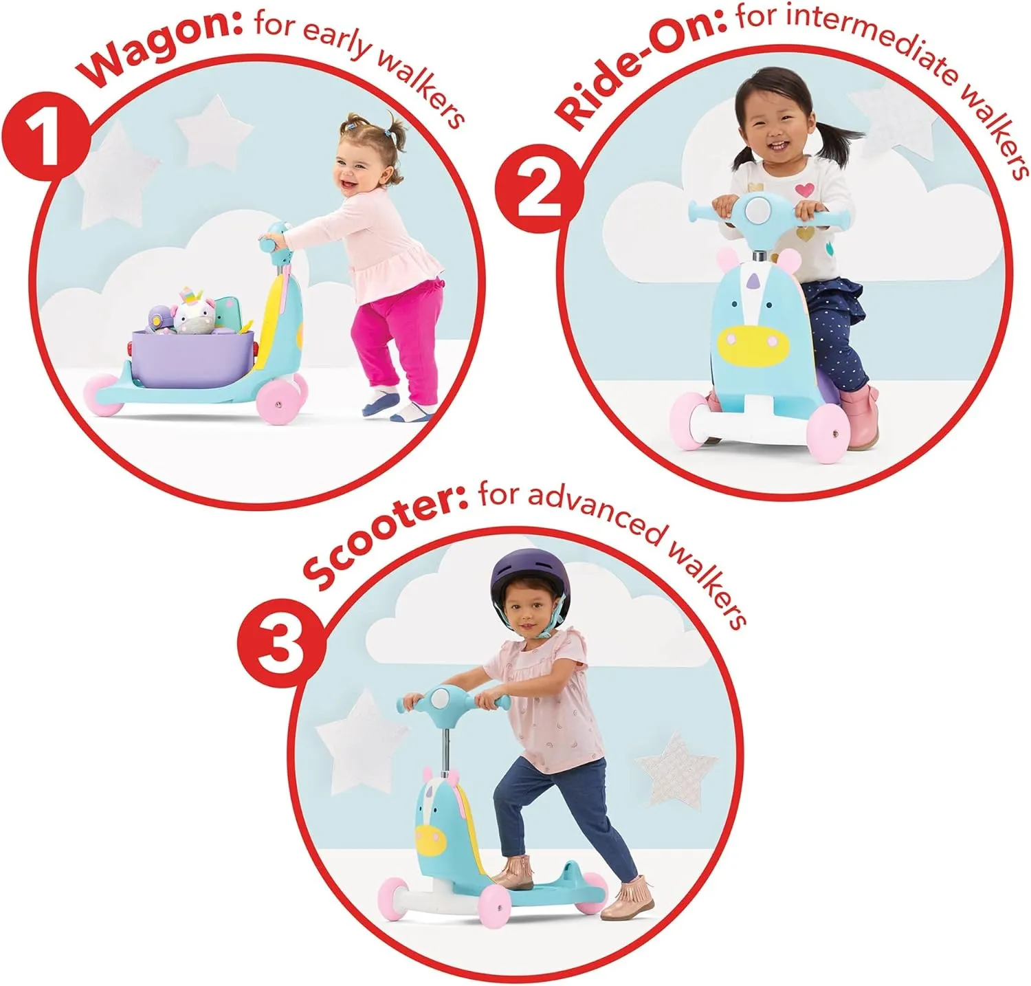 Skip Hop 3-in-1 Baby Activity Push Walker to Toddler Scooter, Zoo Unicorn