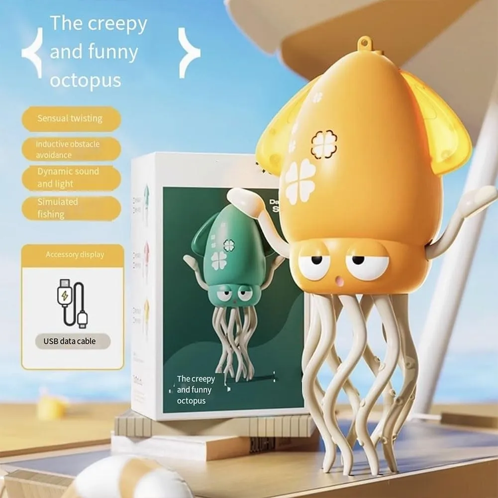 Smart Tentacle Explorer, Auto-Avoid Octopus Crawling Dancing with Led & Music, Rechargeable USB Squid, with Fishing Rod, Can Simulate Fishing (Green Yellow)