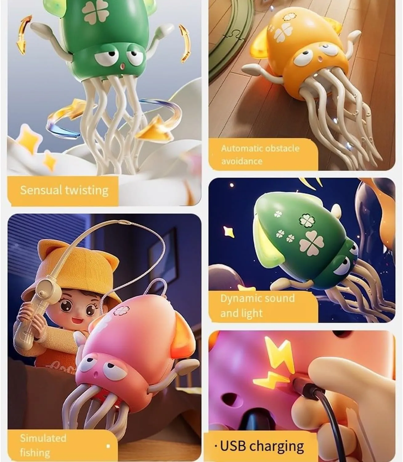 Smart Tentacle Explorer, Wiggly Wonder Octopus, Dancing Octopus, Electric Automatic Obstacle Avoidance Octopus, Crazy 8-Leg Action Octopus, Smart-Tentacle Pet Toys (2PCS Pink & Yellow)