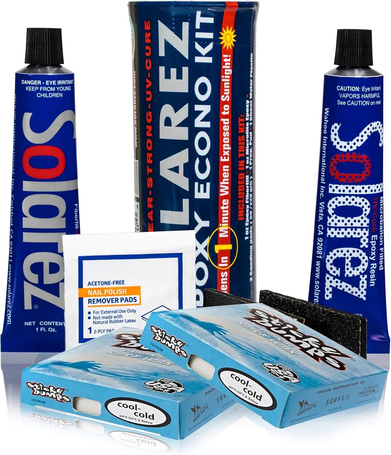 SOLAREZ EPOXY Econo Gift KIT   Sticky Bumps WAX! ~ UV Cure Epoxy Surfboard, SUP, Wakeboard Repair w/ Epoxy Fiberfill Putty   Microlite Epoxy Putty   2 Grit Sand Pads   Acetone Prep-Pad   Cool/Cold WAX